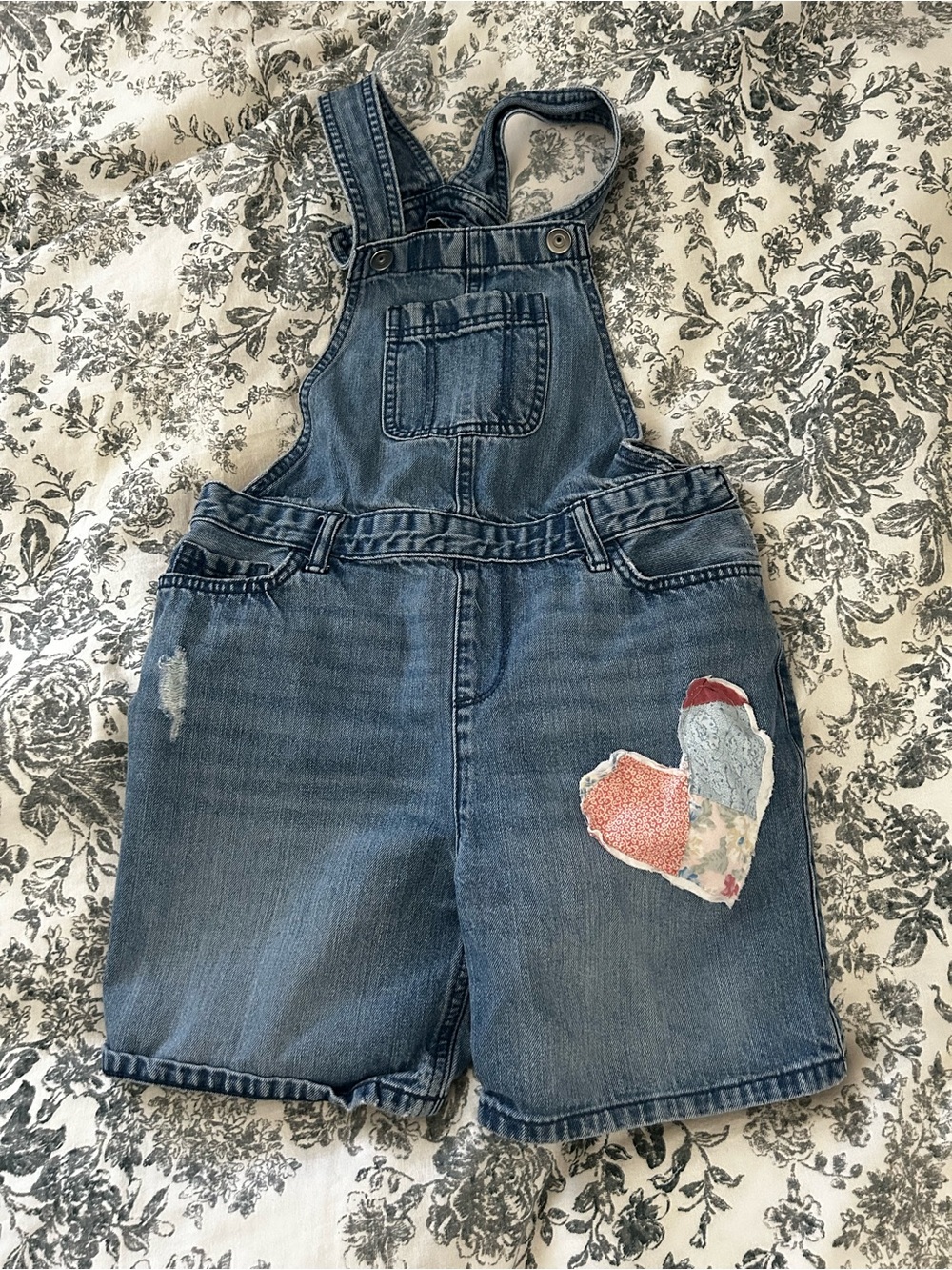 The Children's Place Blue Denim Shortalls with vintage quilt Heart Patch